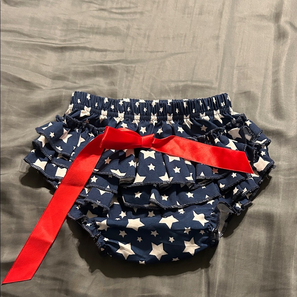 Navy Star Ruffle Bloomers with Red Bow size 6-9m July 4th